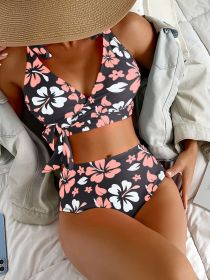 Lace Up Printed High Waisted Bikini Split Swimsuit For Women (Option: JY195BK-2XL)