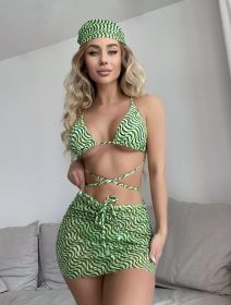 New Drawstring Strap Three-piece Swimsuit Bikini (Option: Green-S)