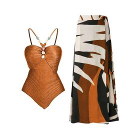 Women's Swimsuit Covered Belly Thin Bikini Suit (Option: Caramel Color Set-XL)
