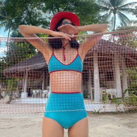 Chest Cup Suspenders High-waisted Tight Shorts Hot Girls Beach Resort Style Two-piece (Option: Blue-S)
