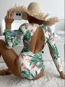 Women's Fashion Conservative Printed Long Sleeve One-piece Swimsuit (Option: White-XS)