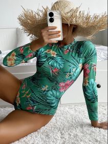 Women's Fashion Conservative Printed Long Sleeve One-piece Swimsuit (Option: Green-XS)