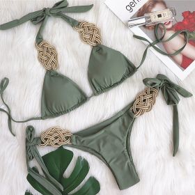Solid Color Split Swimsuit Sexy Hand-woven (Option: Green-M)