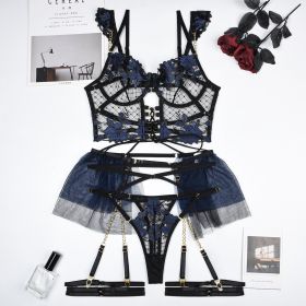 Heavy Industry Chain Mesh Stitching Sexy Lingerie Four-piece Set (Option: Blue Black-M)