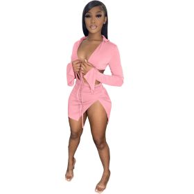 Women's Spring And Summer Lace-up Long-sleeved Swimsuit Suit (Option: Pink-L)