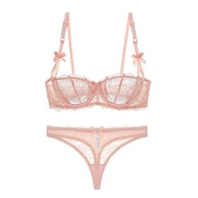 Half Cup Lace Ultra-thin Bra Set Bow With T-back (Option: Pink-90E)