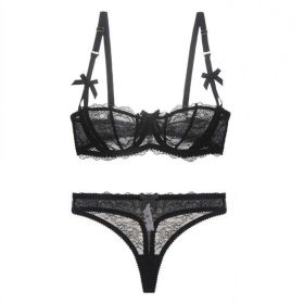Half Cup Lace Ultra-thin Bra Set Bow With T-back (Option: Black-80A)
